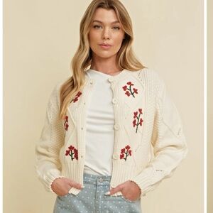 Cloud Ten Greta Embroidery Cable Knit  Floral Cardigan Sweater Women’s